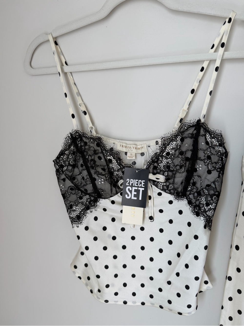 Cream black Polka Dot midi Skirt and tank top two piece Set with Lace Trim - Picture 4 of 8
